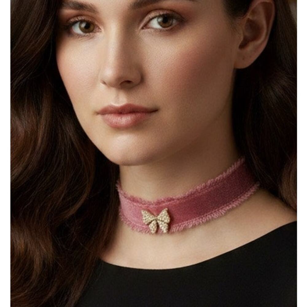 Handmade Pearl Butterfly and Mauve Velvet Choker Necklace